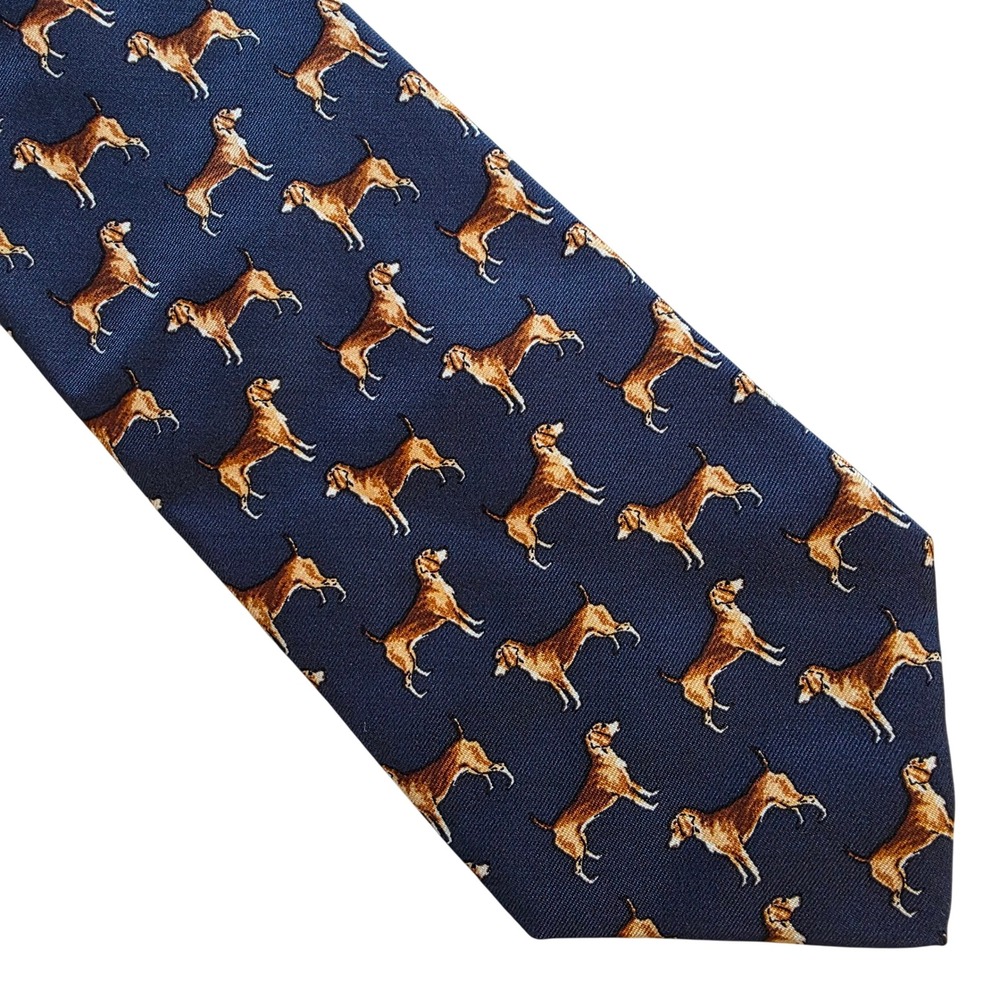 Peter Elliot New York Mens Tie Dog Print Silk Necktie Navy Blue